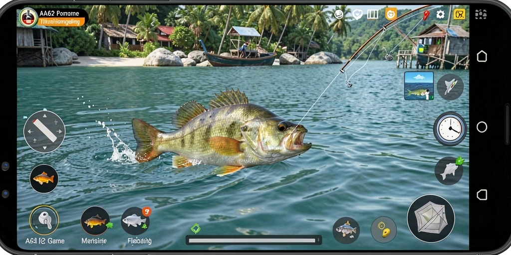 Tampilan gameplay memancing yang menarik dan dinamis di AA62.