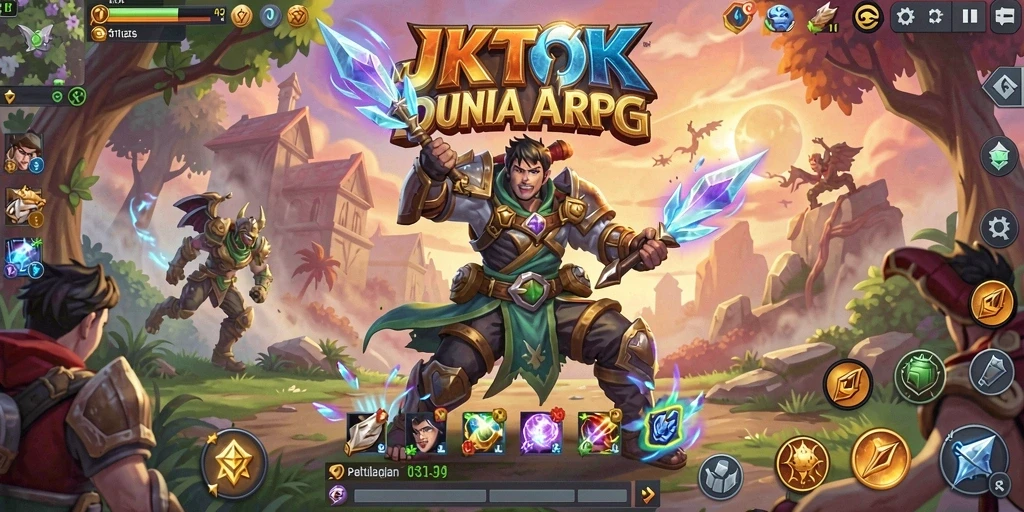 Screenshot gameplay <strong>JKTOK</strong> menampilkan pertarungan seru dengan monster di latar belakang.