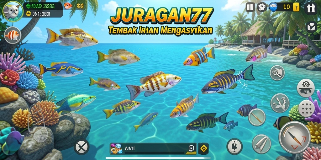 Screenshot gameplay JURAGAN77 yang menunjukkan aksi menembak ikan.
